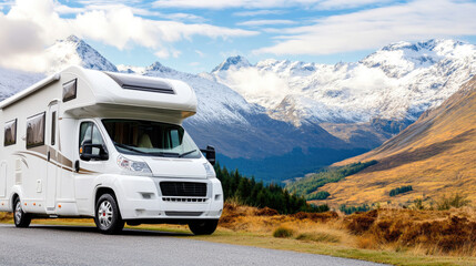 Family vacation adventure in rv motorhome amidst scenic mountain landscapes for memorable holiday travel experience