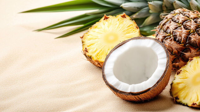 Tropical beach scene with fresh young coconut and pineapple on sand for summer and vacation concepts