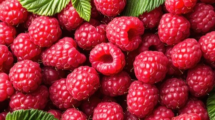 Fresh ripe red raspberries closeup with green leaves, healthy natural fruit for food and nutrition concepts