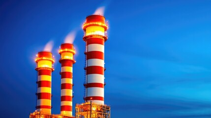 Gas fired power plant and factory building illuminated at night against clear sky for industrial energy design