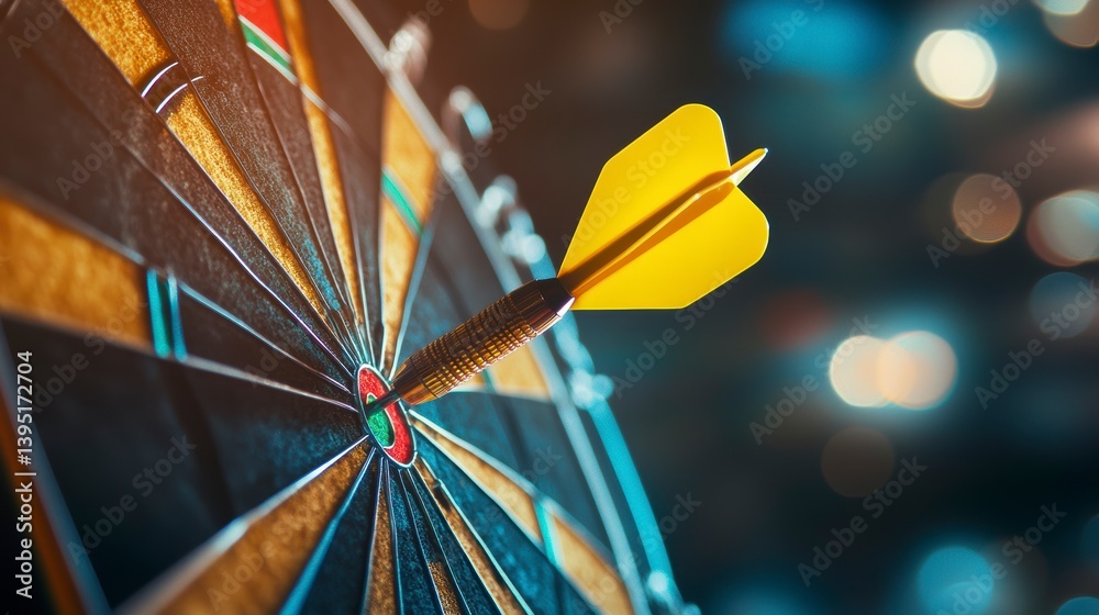 Poster yellow dart hitting bullseye on worn dartboard; success concept.