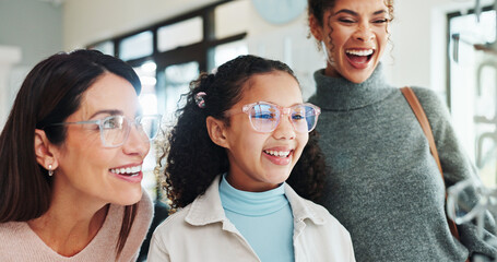 Happy, family or optometry with girl and woman in hospital for appointment, checkup and eye care....