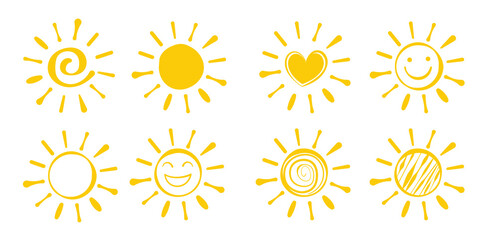 Summer icon yellow sun doodle set