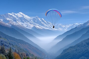Fototapeta premium A paraglider soaring above alpine peaks with snow-capped mountains below
