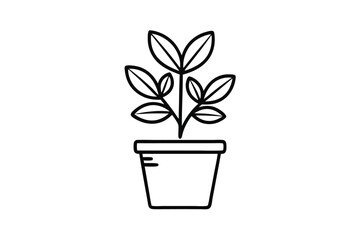 Potted Plant Outline Young Plant with Leaves in Simple Black and White Pot Design