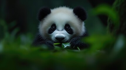 Obraz premium Adorable baby panda eating leaves in forest