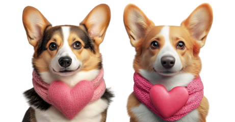 Adorable Corgi in Valentine Costume - A lovely corgi in Valentine’s Day outfit with red and pink heart decorations. Isolated on transparent background. Great for love-themed promotions.