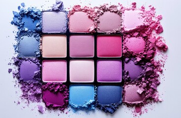 Palette of Colors: An artistic close-up showcases a vibrant eyeshadow palette, its square pans filled with an array of rich, complementary colors. Crushed powder surrounds the palette.