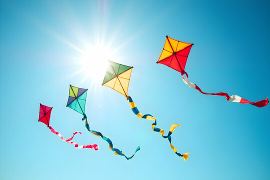 Sunlit skies filled with vibrant kites creating a whimsical spectacle of colors and shapes, symbolizing freedom, joy, and the beauty of a sunny day outdoors