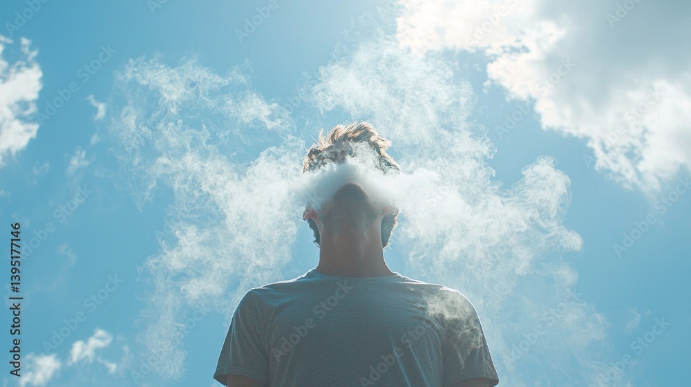 Poster peacefully standing under a clear blue sky, a man is enveloped in wispy clouds of vapor, creating an