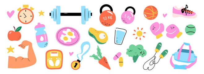 Healthy lifestyle concept icon set. Elements of diet, exercise equipment, routine, gym, nutrition, cardio exercises, sports supplements, self-care, hobbies. Hand drawn cute vector illustration.