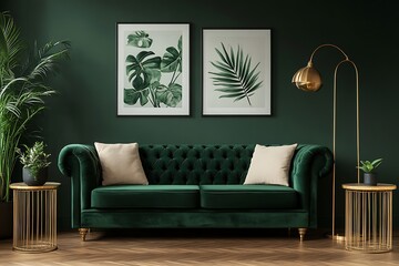 Emerald Tufted Velvet Sofa with Pillows, Botanical Prints, Gold Lamp and Tables Decor