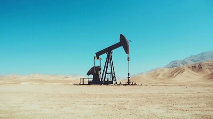 Oil pump extracts crude in desert. Mountains loom. Use energy, resources, production