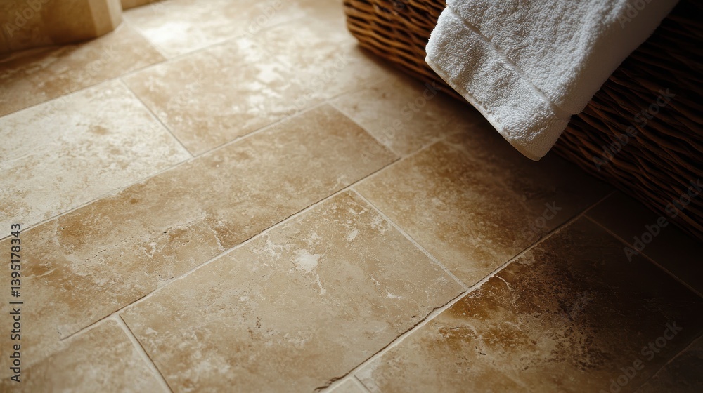 Poster beige travertine tiles floor with wicker basket and towel.