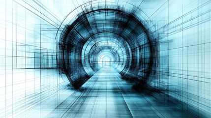 A futuristic, architectural tunnel design with intersecting lines.