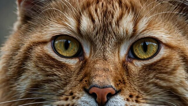 Close-up of an intense orange tabby cat&rsquo;s face showing detailed fur texture, piercing green eyes, and focused expression in sharp natural light

