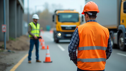 Comprehensive stock image capturing professionals enforcing road construction safety protocols with advanced equipment signage and protective measures ensuring worker security. in  Photo Stock  Concep