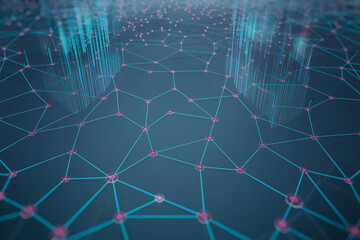 Abstract network visualization with teal lines connecting pink nodes, suggesting digital connection and data flow, ideal for technology or communication concepts
