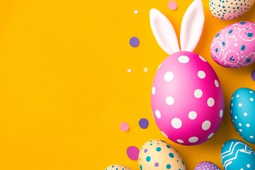 A playful pink Easter egg with bunny ears surrounded by colorful, patterned eggs on a vibrant yellow background.