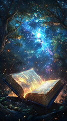 An illuminated book opens under a night sky among the trees