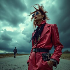 Stylish Woman in Red Coat on Open Road with Dramatic Sky