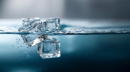 Ice Cubes Floating in Clear Water with Bubbles