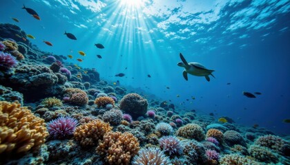 Naklejka premium Swimming sea turtle among vibrant coral reefs underwater paradise marine life tranquil environment aerial view ocean conservation
