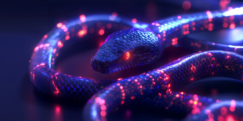 Futuristic glowing snake with neon scales and red eyes, coiled in darkness under vibrant bioluminescent lights, symbolizing danger, technology, and evolution