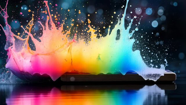 Vibrant printing splattering from white printer, representing digital ink process plashes of colorful paint concept. Think differently copy work process, creative idea and space for text video 4k
