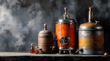 A rustic still life showcasing vintage brewing equipment including a copper still and two aged metal fermenters with small amber bottles.