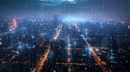 Fototapeta premium Digital Grid City: An Illustration of a Nighttime Cityscape with a Bright Digital Network Overlaying Roads and Buildings.