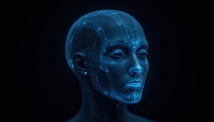 Obraz premium Futuristic digital human portrait virtual studio 3d render dark environment close-up view ai concept