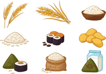 Rice cereal spikelets icon set. Vector cartoon collection of organic rice products: flour, sushi, mochi, noodles, bread, chips, zongzi, rice bags and milk. Rice plantation. Agricultural product