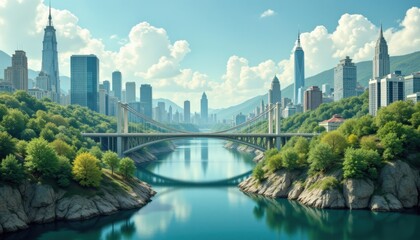 Obraz premium Urban landscape bridge over river city skyline digital art daytime aerial view modern environment