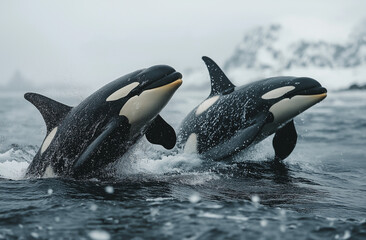 Fototapeta premium Orcas leaping viewed through a boat door, snowy mountains in background