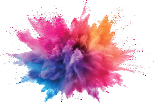 A burst of colorful powder creates a beautiful, vivid display against a bright white background, A photo of colorful bright rainbow holi paint color powder explosion isolated on white background.	