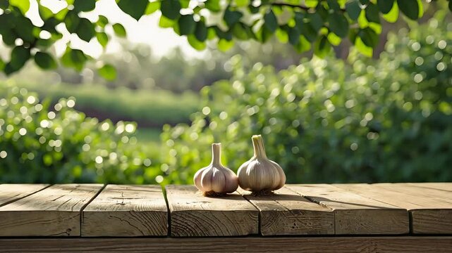 Two fresh garlic bulbs resting on rustic wooden table outdoors with lush green foliage and soft natural sunlight in blurred background, evoking organic and natural food themes

