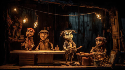 Obraz premium Puppet Performance Art: Wooden Puppets, Vivid Stage Light Show