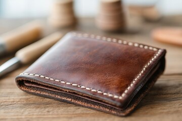 This image features a beautifully crafted brown leather wallet on a wooden table, showcasing its elegant texture and fine stitching, perfect for any stylish individual.