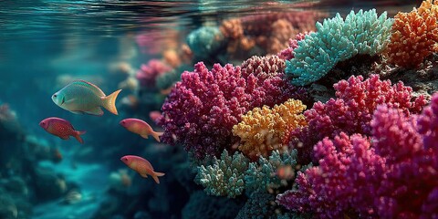 Fototapeta premium Underwater tropical coral reef with colorful sea fish. Marine flora and fauna.