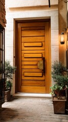 Elegant wooden door with modern design and potted plants at entrance