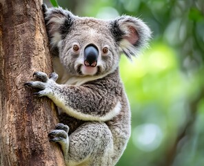 Fototapeta premium Koala clings to a tree trunk in a forest setting.