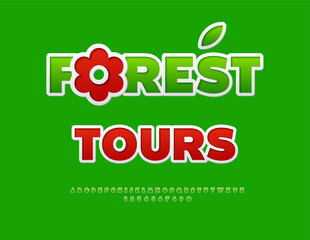 Vector Ecologic concept Forest Tours with Red Flower. Green Sticker style Font. Trendy Decorative Alphabet Letters and Numbers set.