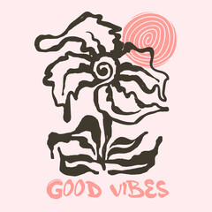 sunshine flower artwork. vintage retro graphic design. fand drawn artistic flowers print. tropical flowers t-shirt design. summer girls graphics.