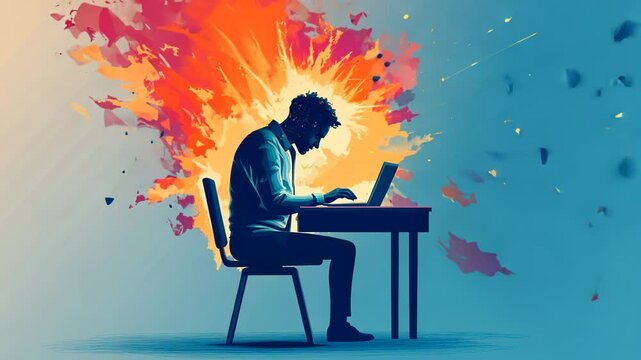 Business Person Sitting at Desk with Laptop in Office Silhouette Illustration