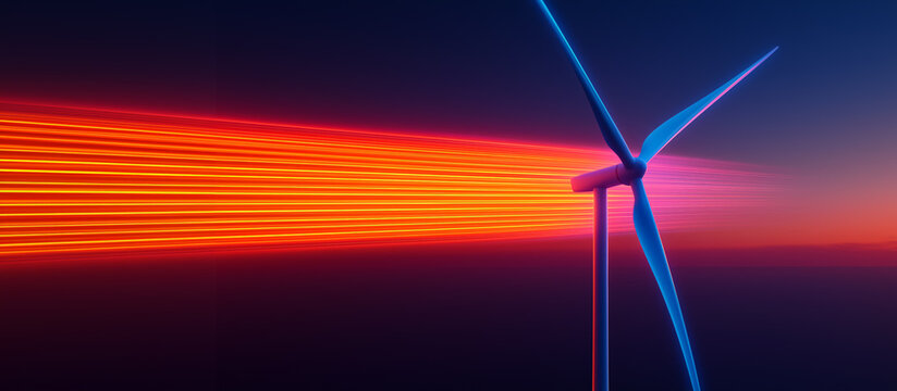 Futuristic wind turbine illuminated by vibrant red energy beams at sunset, symbolizing innovation, clean technology, and the high-tech transformation of renewable energy infrastructure