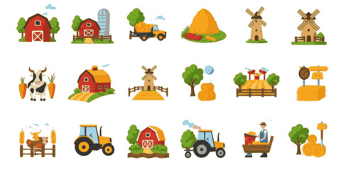 Obraz premium Farmers set. Vector icon set of farm rural buildings with animals, vegetables, farmhouse, tractor, windmill, fence, livestock, bale of hay. Local product. Agriculture and farming concept. Village life