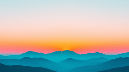 Obraz premium Minimalist mountain silhouettes under a pastel sunrise sky, evoking tranquility, calm, and natural beauty with vibrant gradients and soft atmospheric perspective