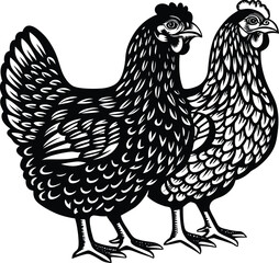 Black and white vector illustration shows a hen and rooster, a hen and chicken, isolated farm poultry silhouettes