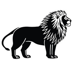 Stylized silhouette of a lion in solid black, emphasizing the animal's strong posture and mane. Great for apparel prints, emblems, or outdoor adventure themes.